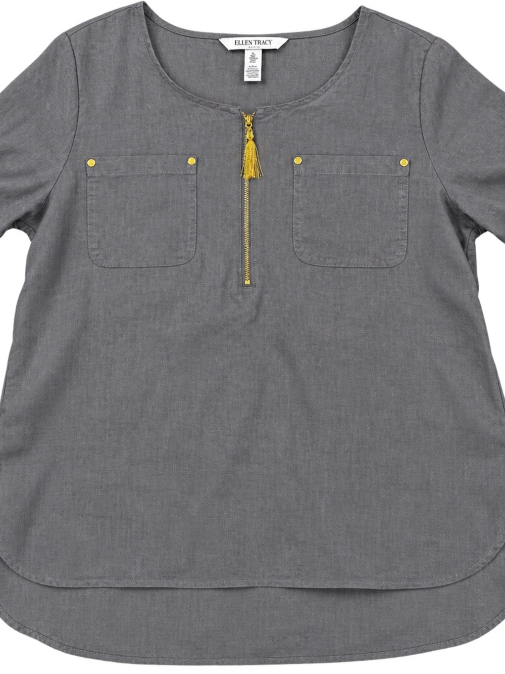 Ellen Tracy 100% Linen Gray Tunic Top Gold Zip Size L
